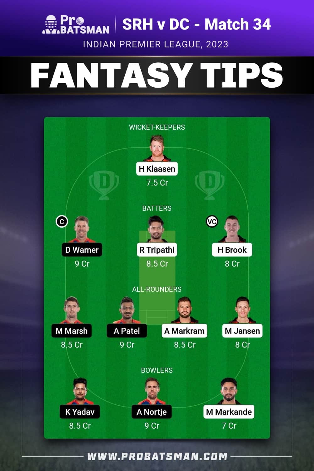 SRH vs DC Dream11 Prediction - Fantasy Team 1 SRH vs DC Dream11 Prediction - Fantasy Team 1