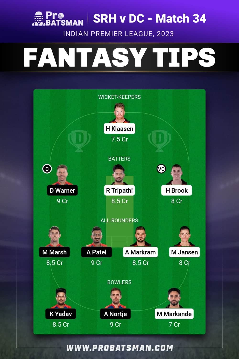 SRH vs DC Dream11 Prediction  - Fantasy Team 1