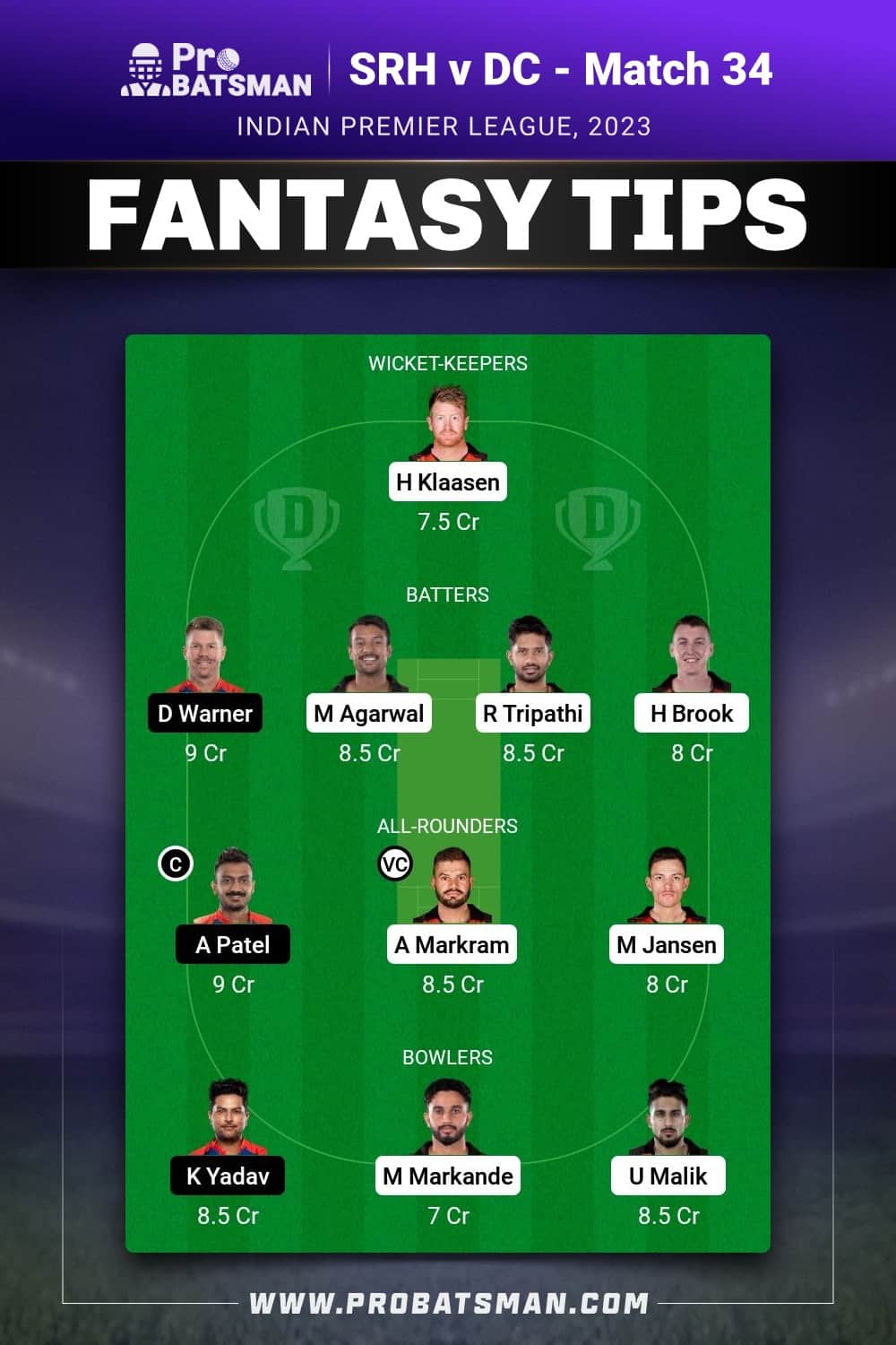 SRH vs DC Dream11 Prediction  - Fantasy Team 2