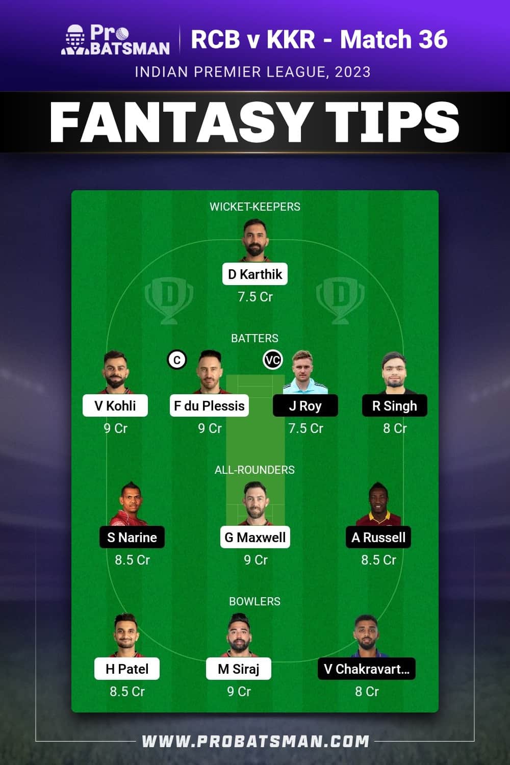 RCB vs KOL Dream11 Prediction - Fantasy Team 1