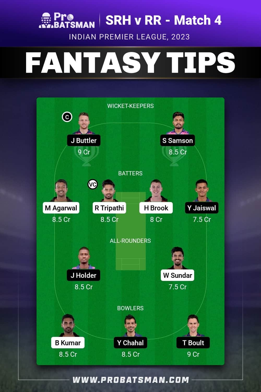 SRH vs RR Dream11 Prediction - Fantasy Team 1