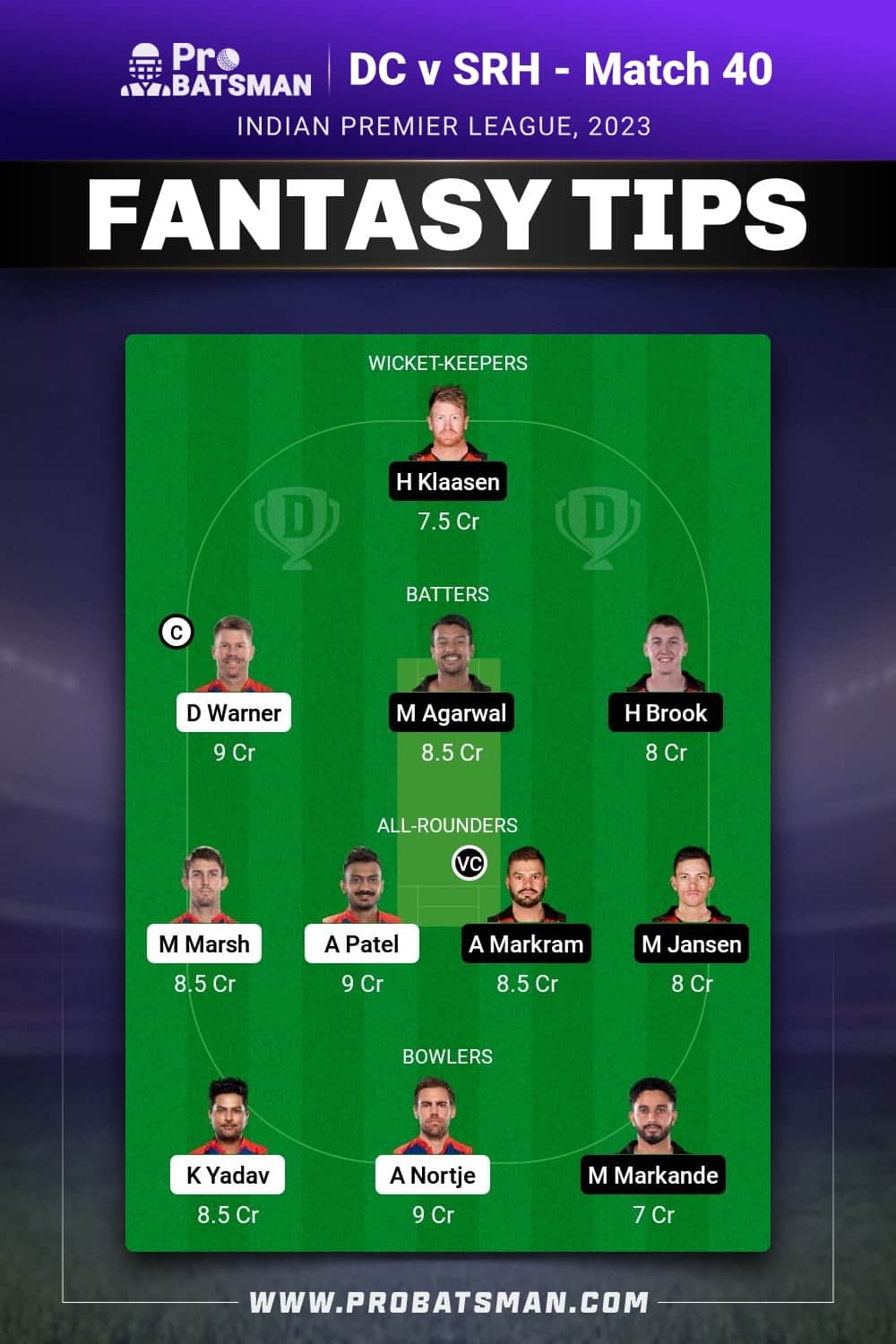 DC vs SRH Dream11 Prediction - Fantasy Team 1