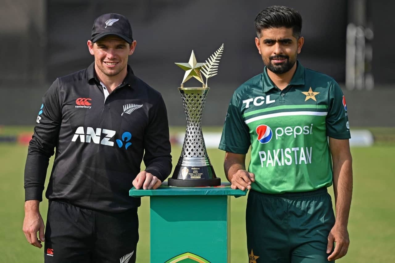 PAK vs NZ Dream11 Prediction With Stats, Pitch Report & Player Record of New Zealand tour of Pakistan, 2023 For 1st ODI Tom Latham of New Zealand and Babar Azam of Pakistan with Trophy