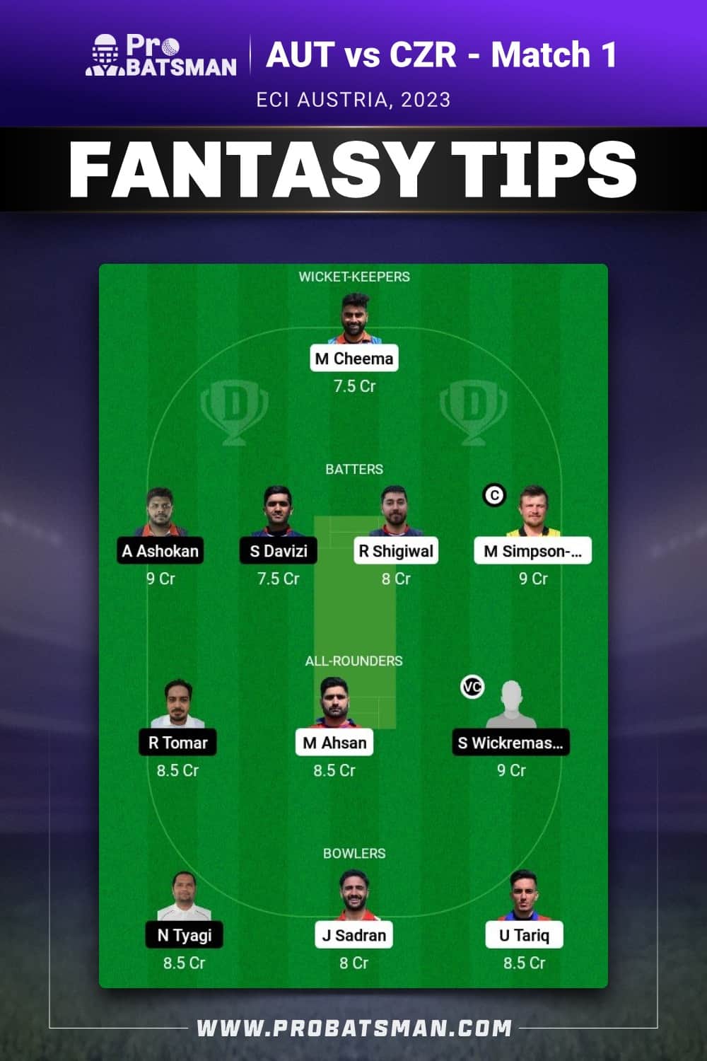 AUT vs CZR Dream11 Prediction - Fantasy Team 1