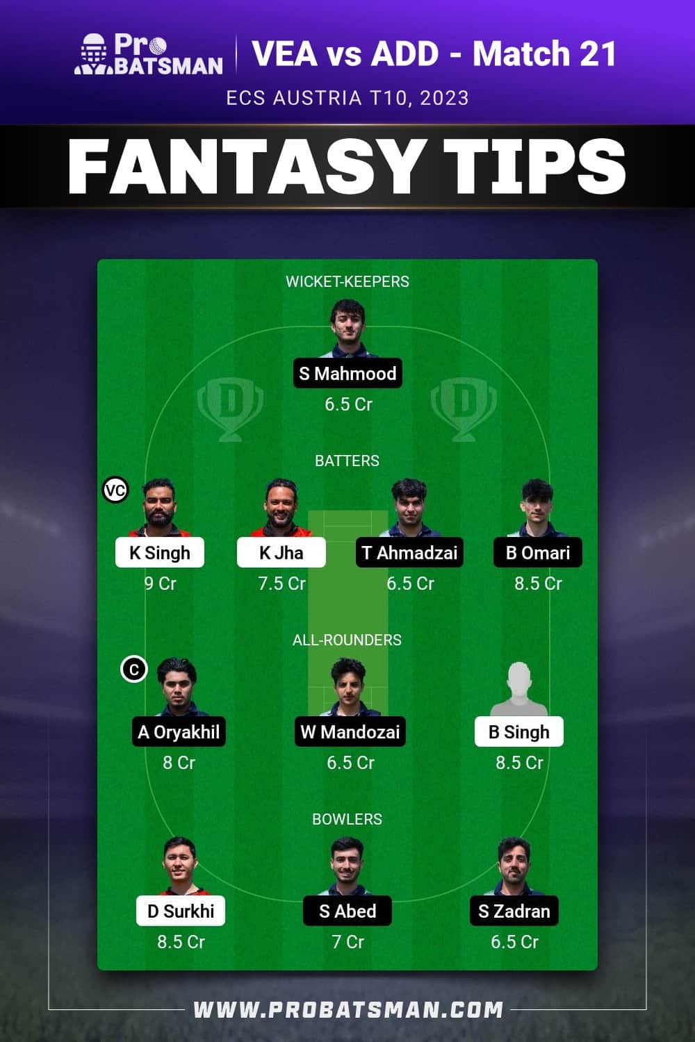 VEA vs ADD Dream11 Prediction - Fantasy Team 1 VEA vs ADD Dream11 Prediction - Fantasy Team 1
