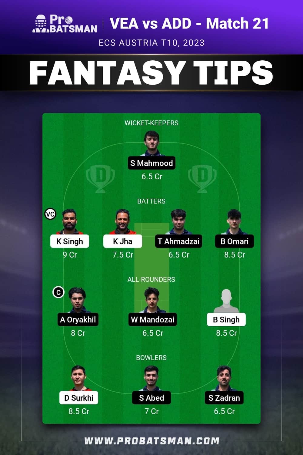 VEA vs ADD Dream11 Prediction - Fantasy Team 1