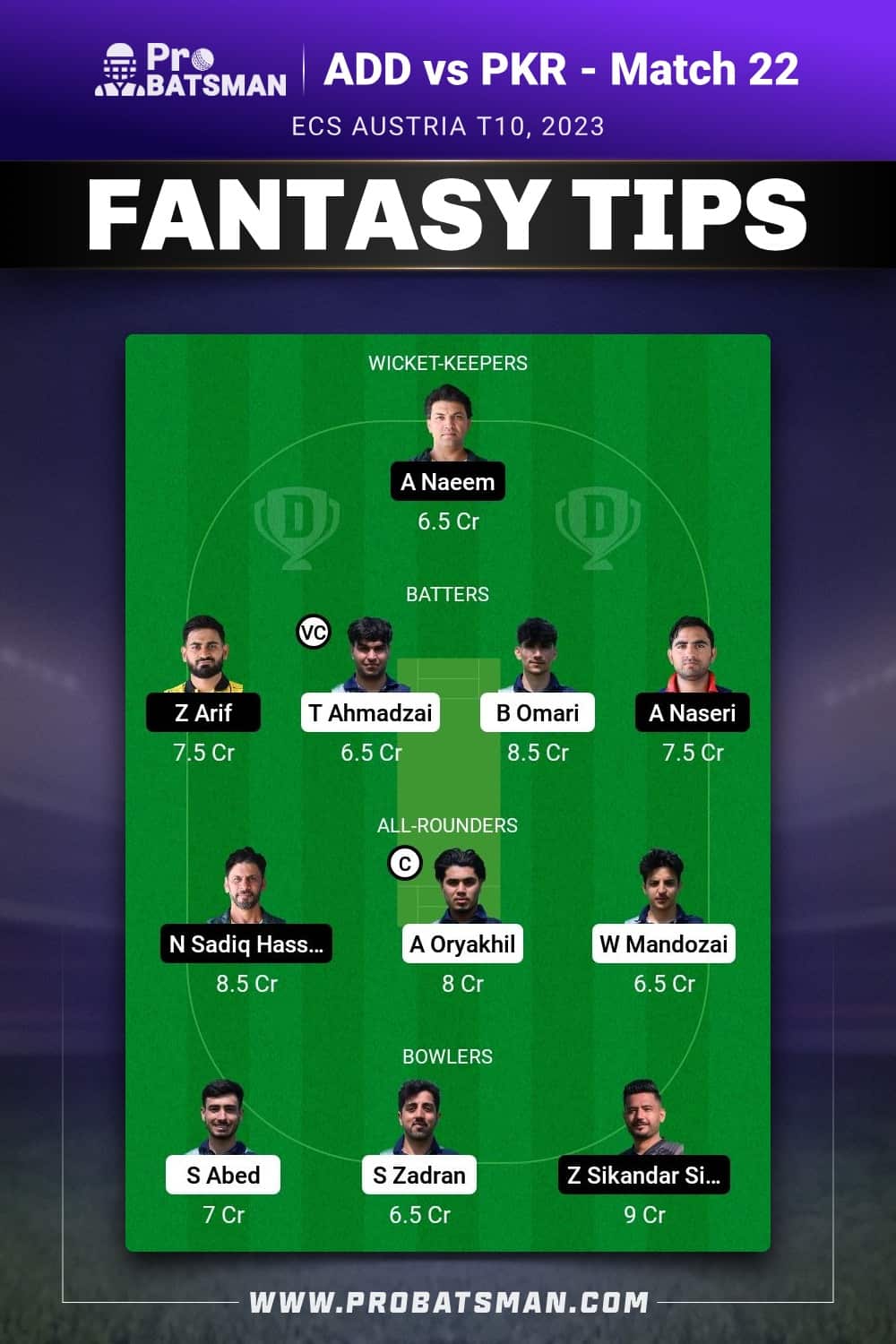 ADD vs PKR Dream11 Prediction - Fantasy Team 1