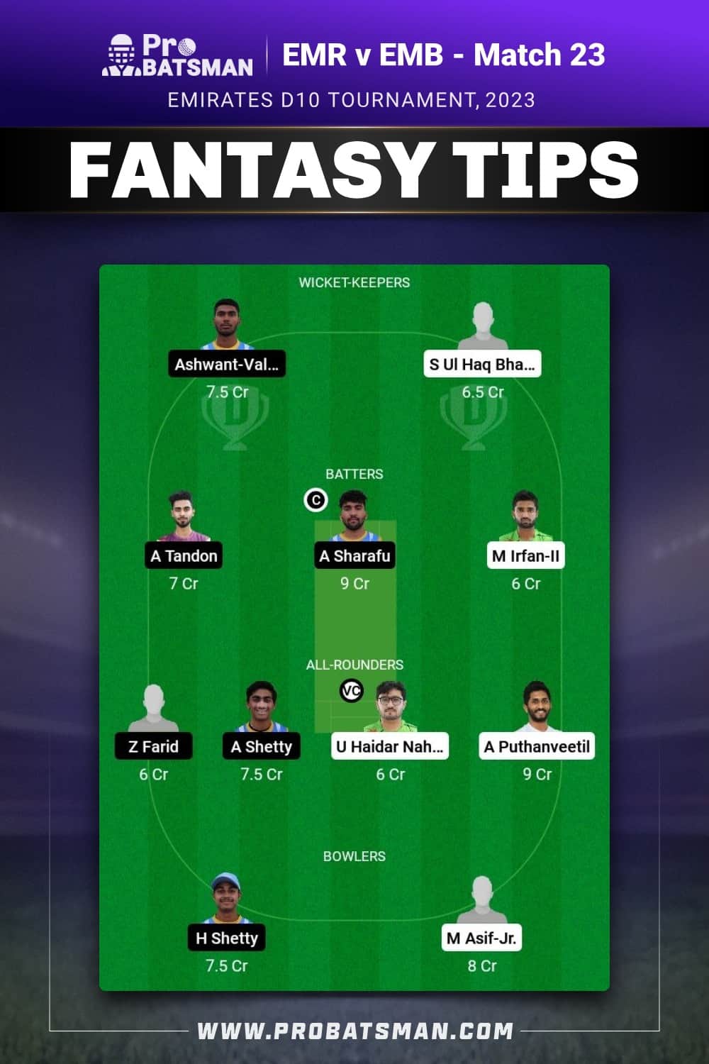 EMR vs EMB Dream11 Prediction - Fantasy Team 1