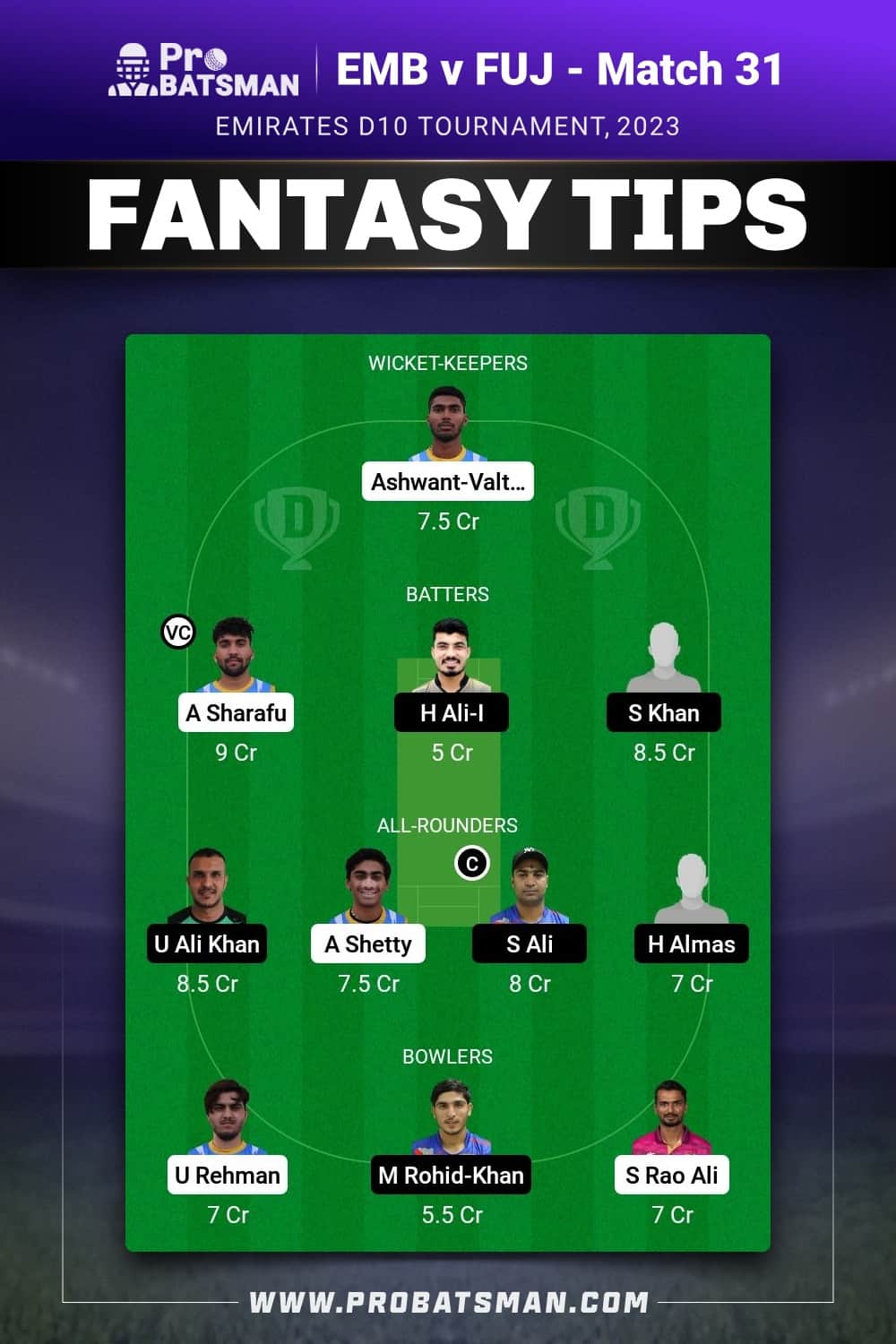 EMB vs FUJ Dream11 Prediction - Fantasy Team 1 EMB vs FUJ Dream11 Prediction - Fantasy Team 1