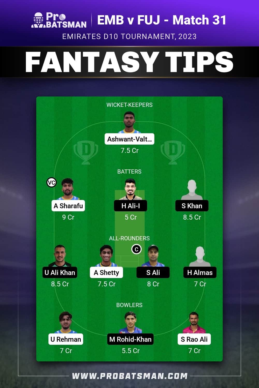 EMB vs FUJ Dream11 Prediction - Fantasy Team 1