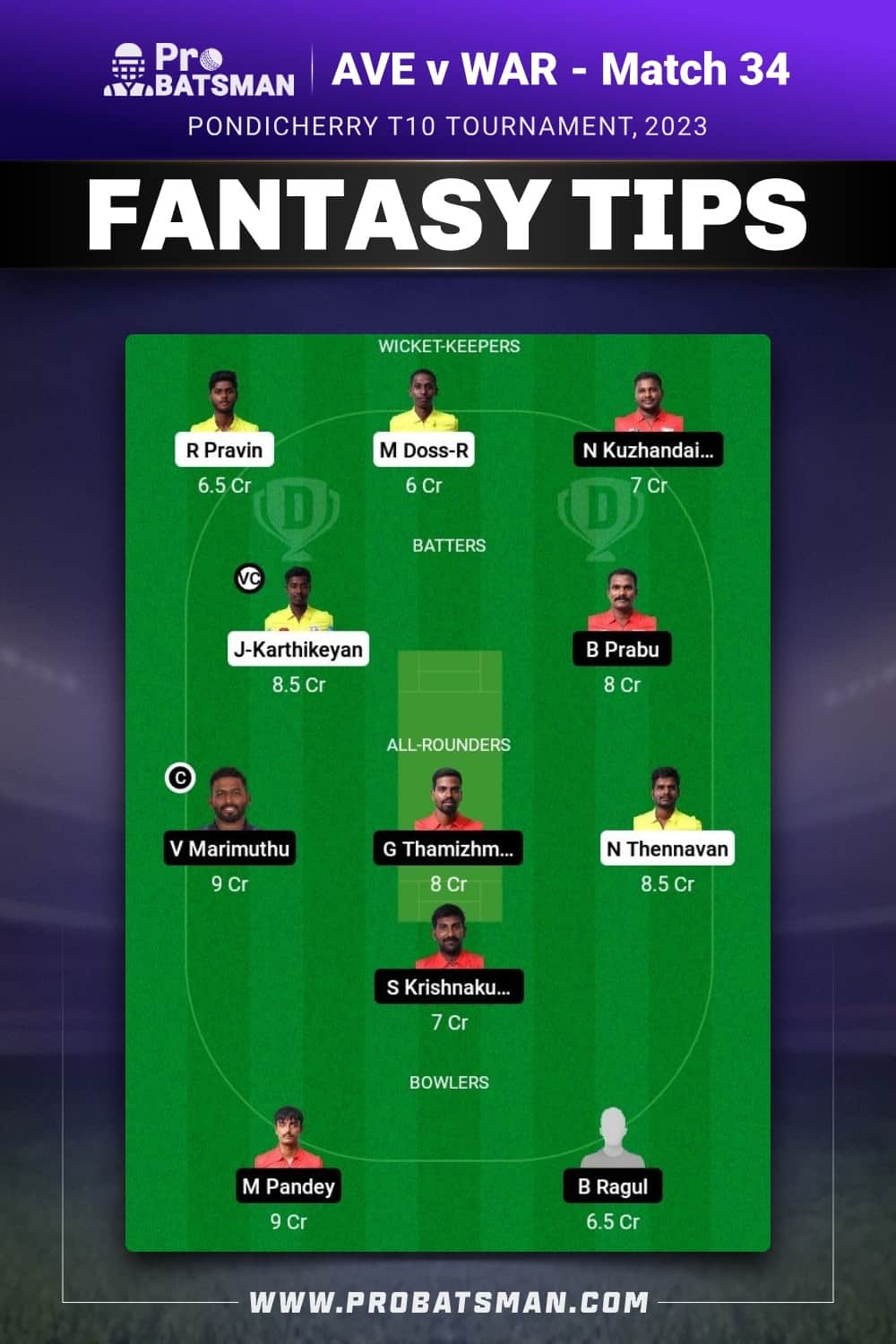 AVE vs WAR Dream11 Prediction - Fantasy Team 1