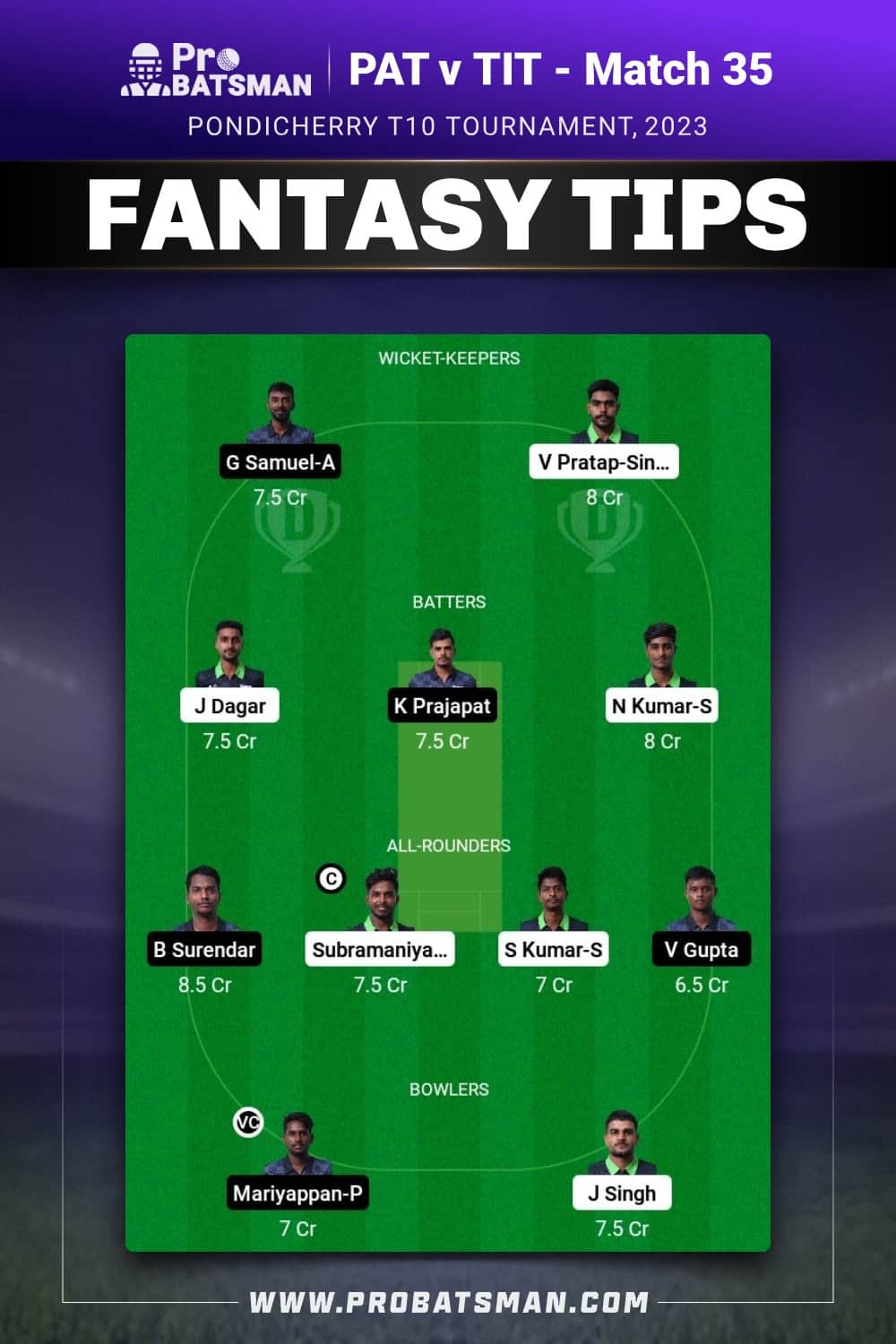 PAT vs TIT Dream11 Prediction - Fantasy Team 2