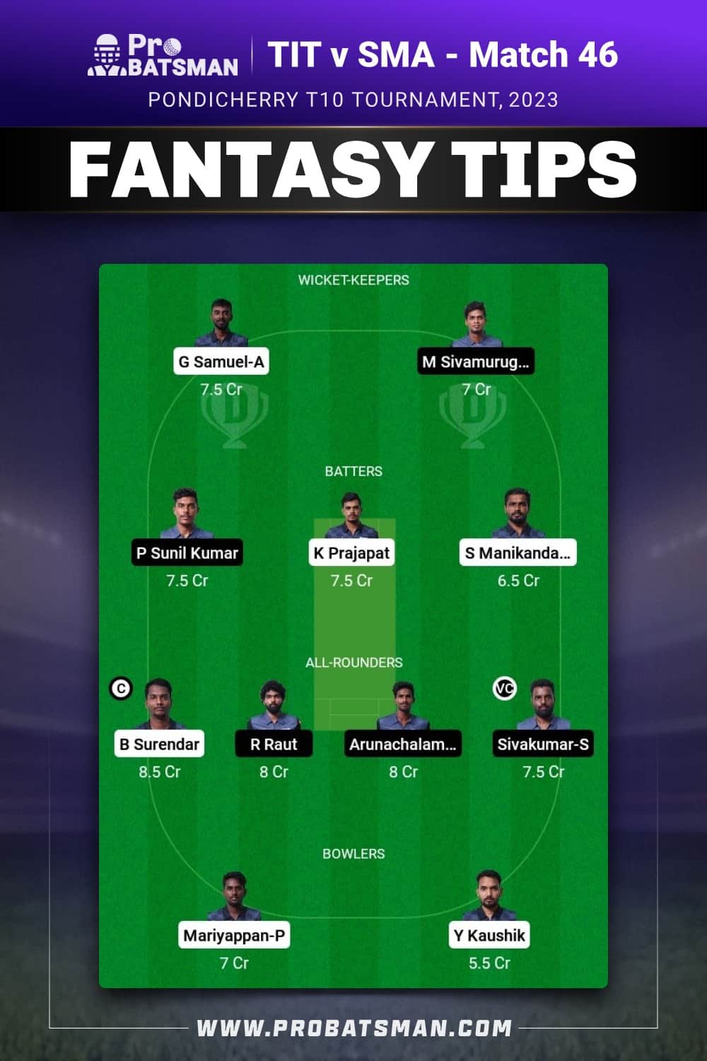 TIT vs SMA Dream11 Prediction - Fantasy Team 1