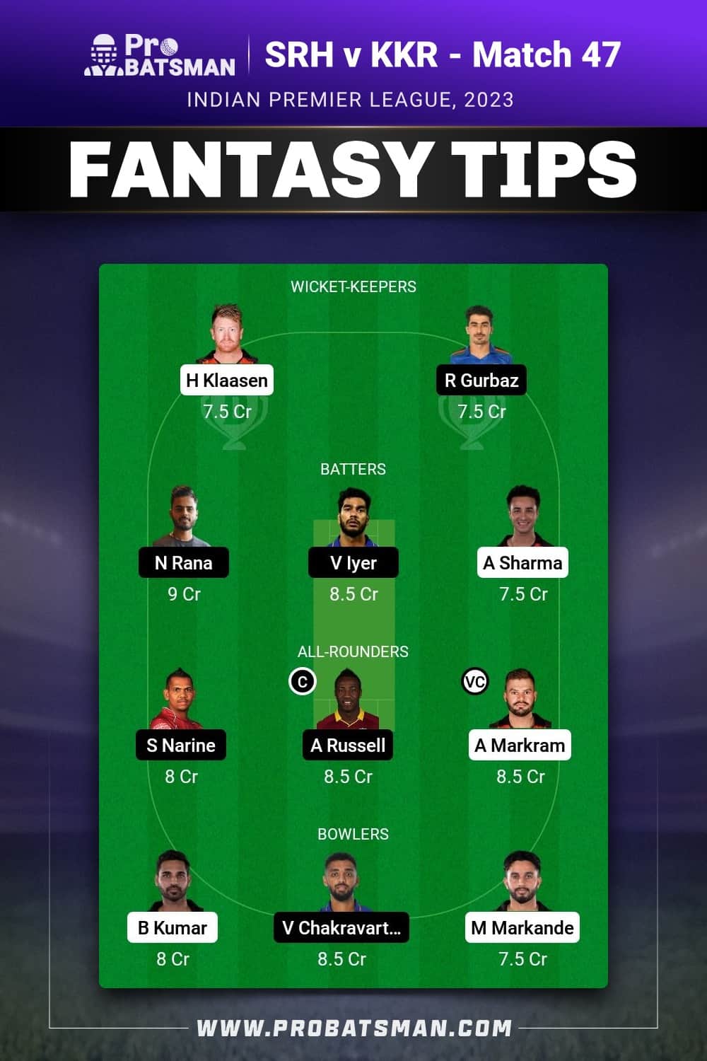 SRH vs KOL Dream11 Prediction - Fantasy Team 1 SRH vs KOL Dream11 Prediction - Fantasy Team 1