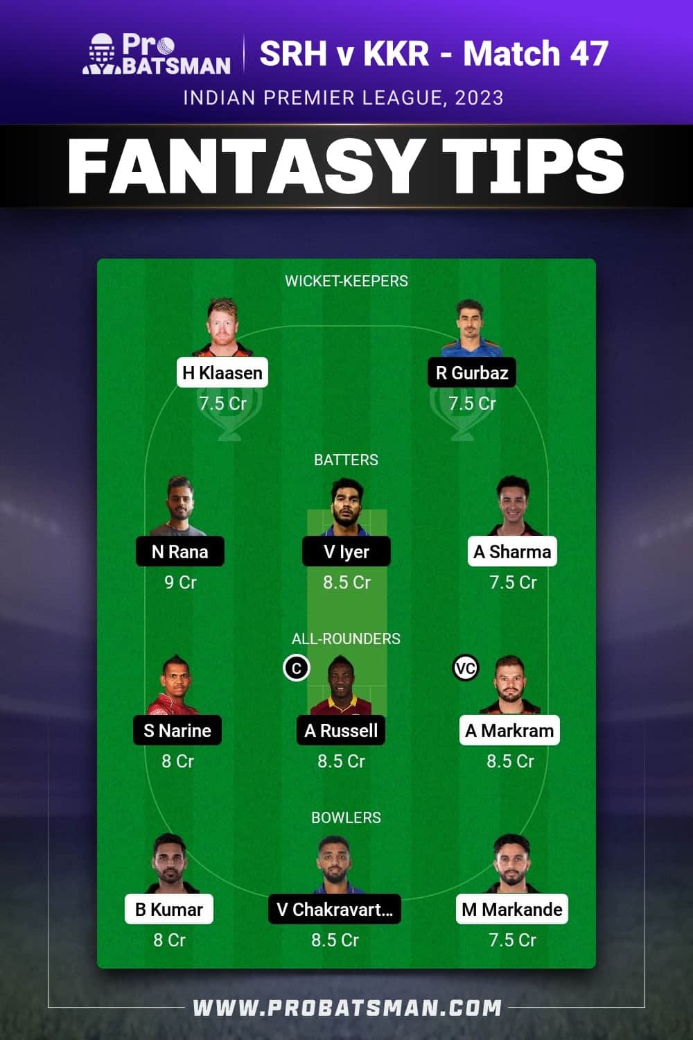 SRH vs KOL Dream11 Prediction - Fantasy Team 1