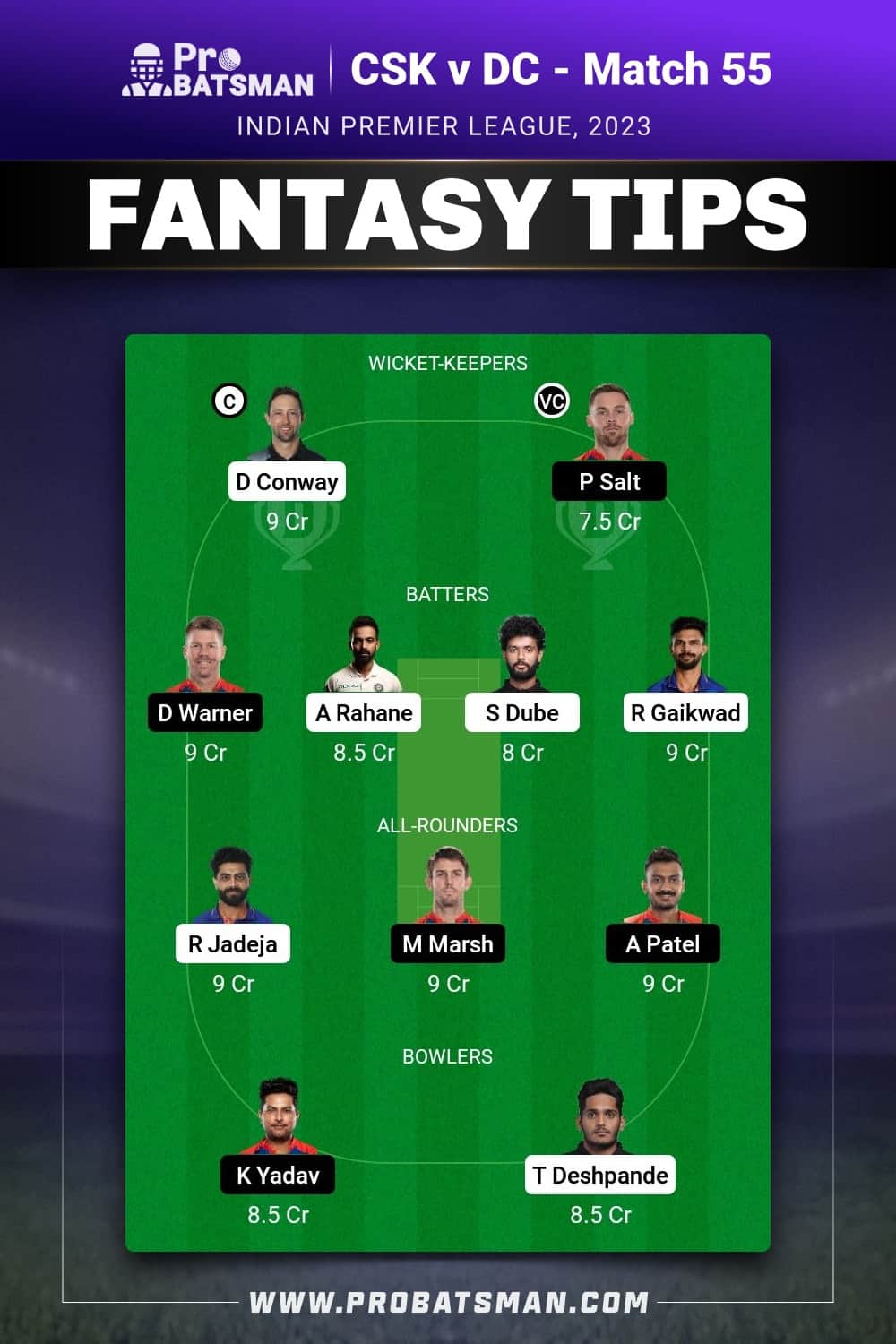 CHE vs DC Dream11 Prediction - Fantasy Team 1 CHE vs DC Dream11 Prediction - Fantasy Team 1