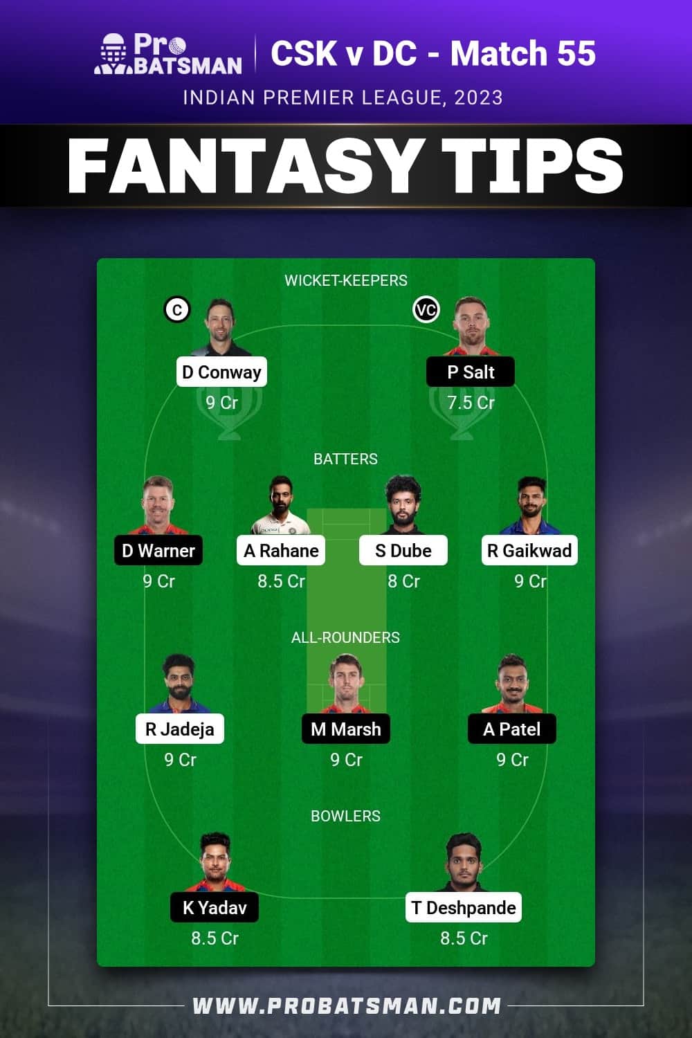 CHE vs DC Dream11 Prediction - Fantasy Team 1