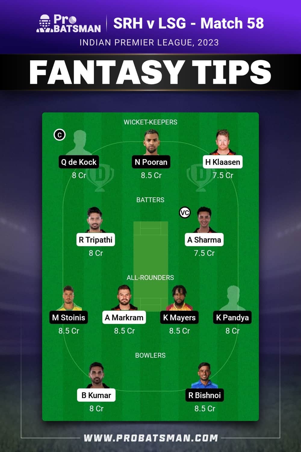 SRH vs LSG Dream11 Prediction - Fantasy Team 1