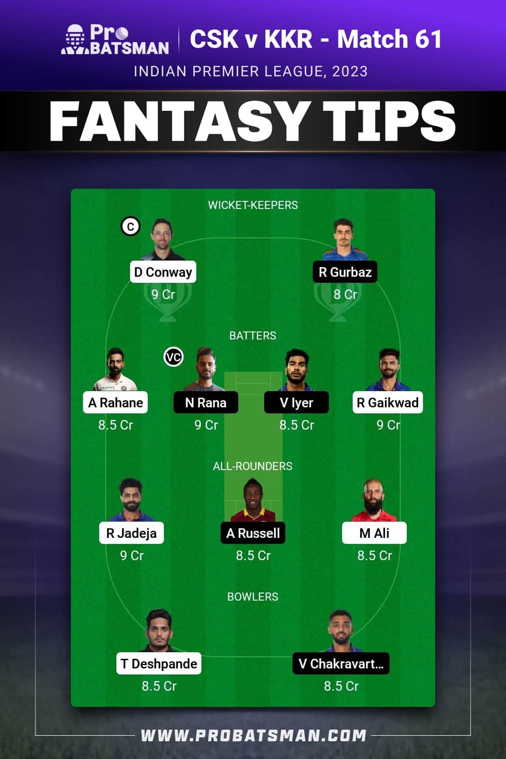 CHE vs KOL Dream11 Prediction - Fantasy Team 1 CHE vs KOL Dream11 Prediction - Fantasy Team 1