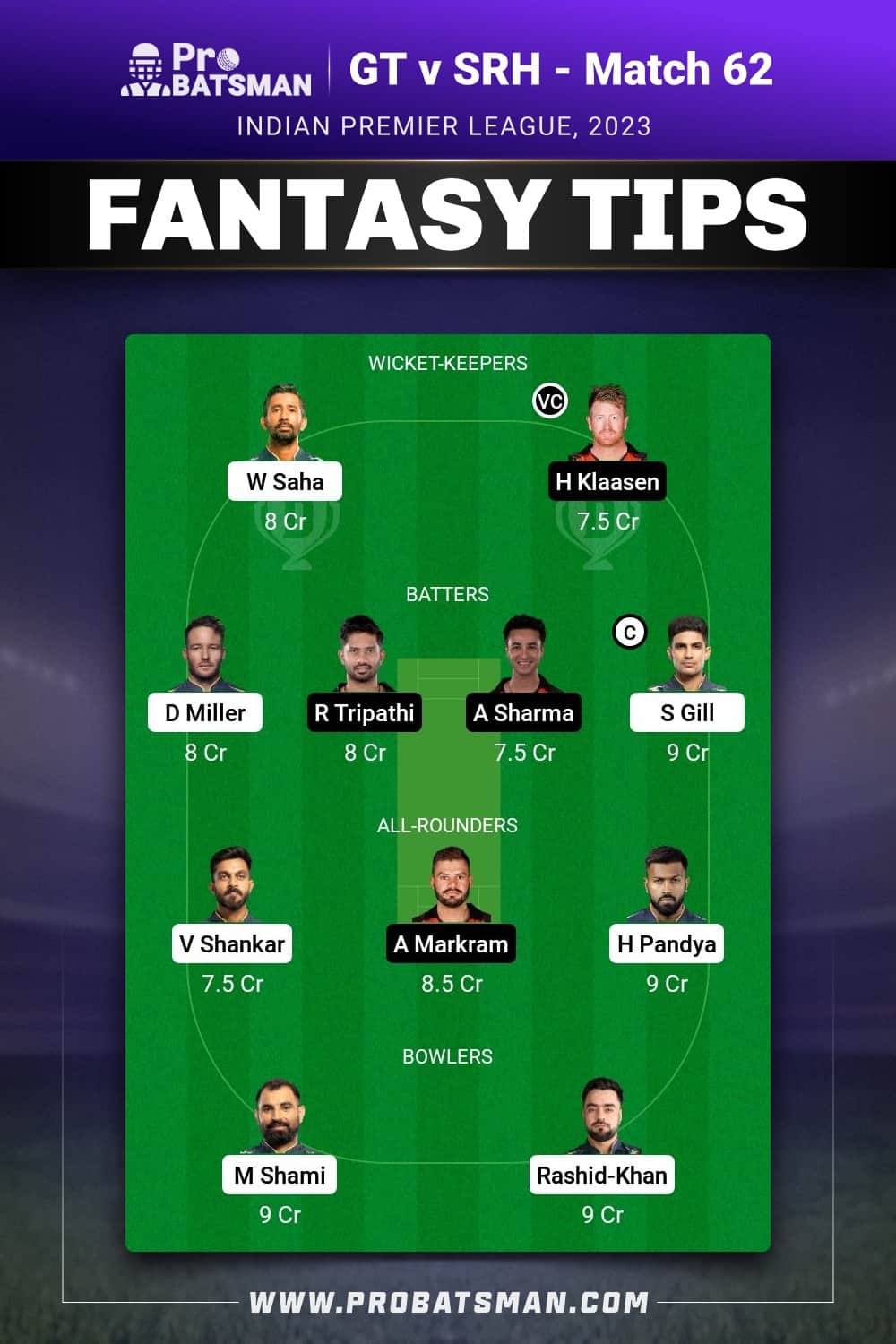 GT vs SRH Dream11 Prediction - Fantasy Team 1