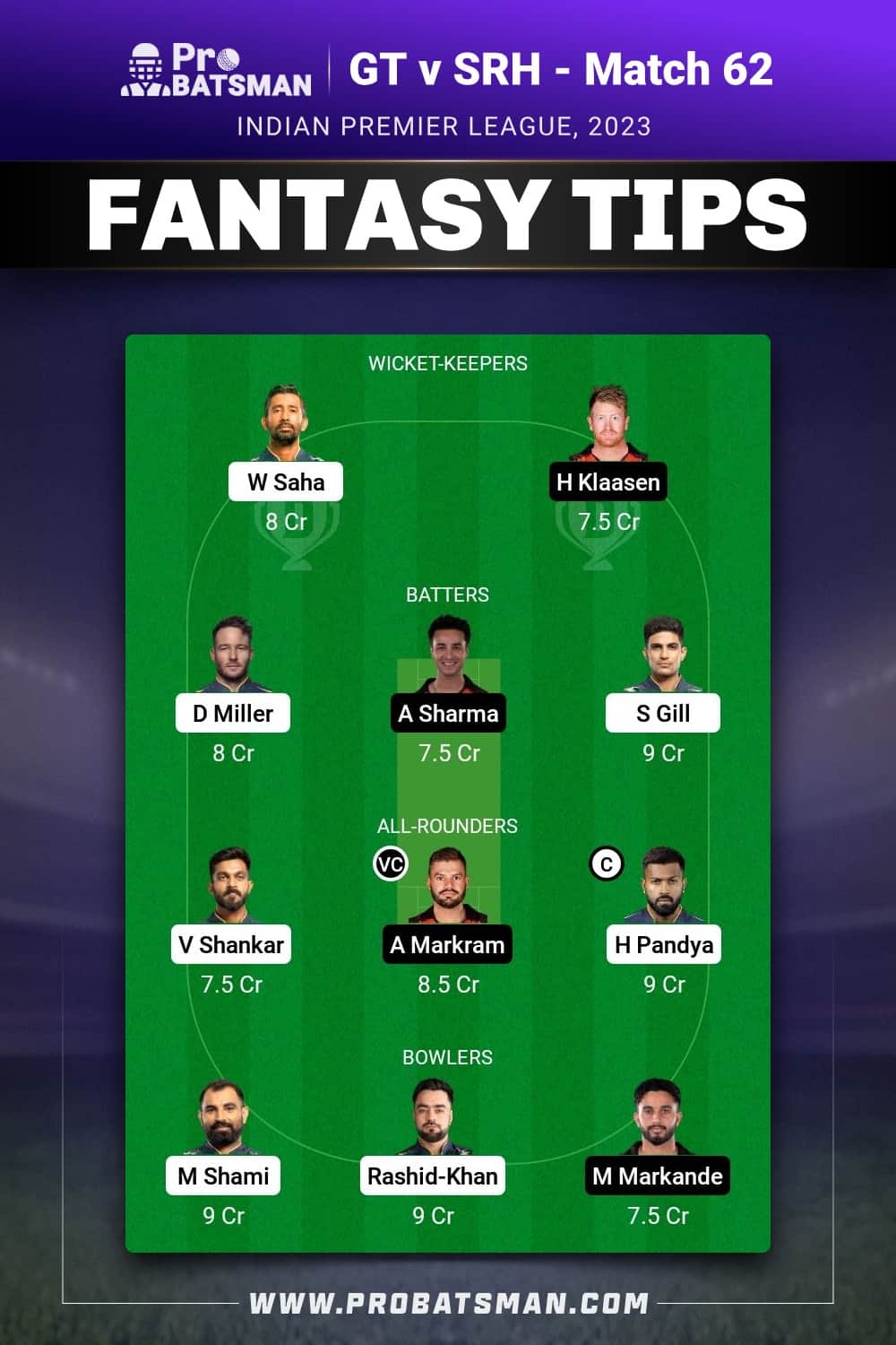 GT vs SRH Dream11 Prediction - Fantasy Team 2