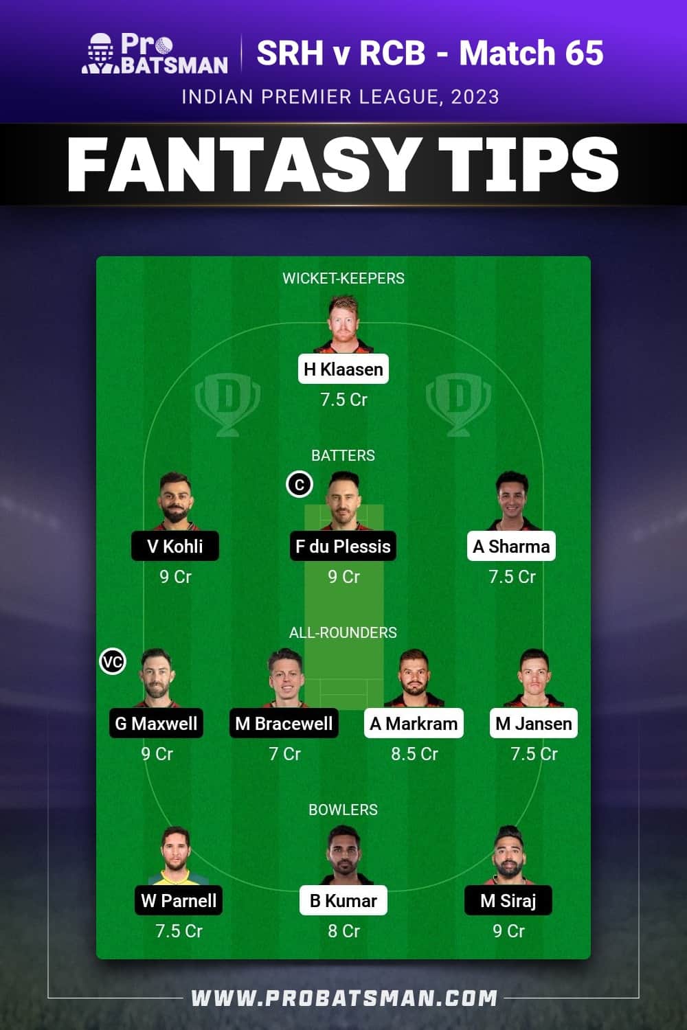 SRH vs RCB Dream11 Prediction - Fantasy Team 1