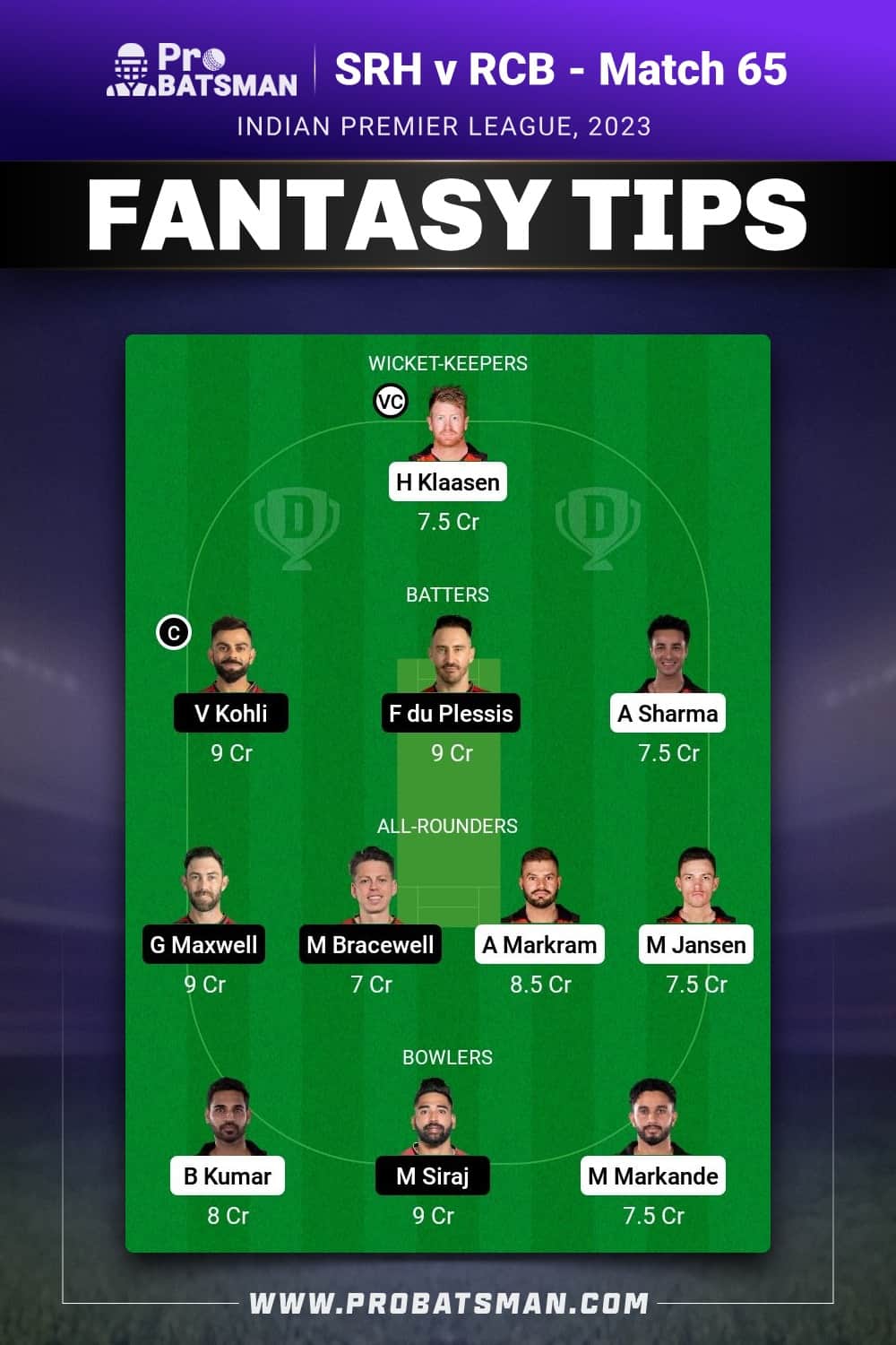 SRH vs RCB Dream11 Prediction - Fantasy Team 2
