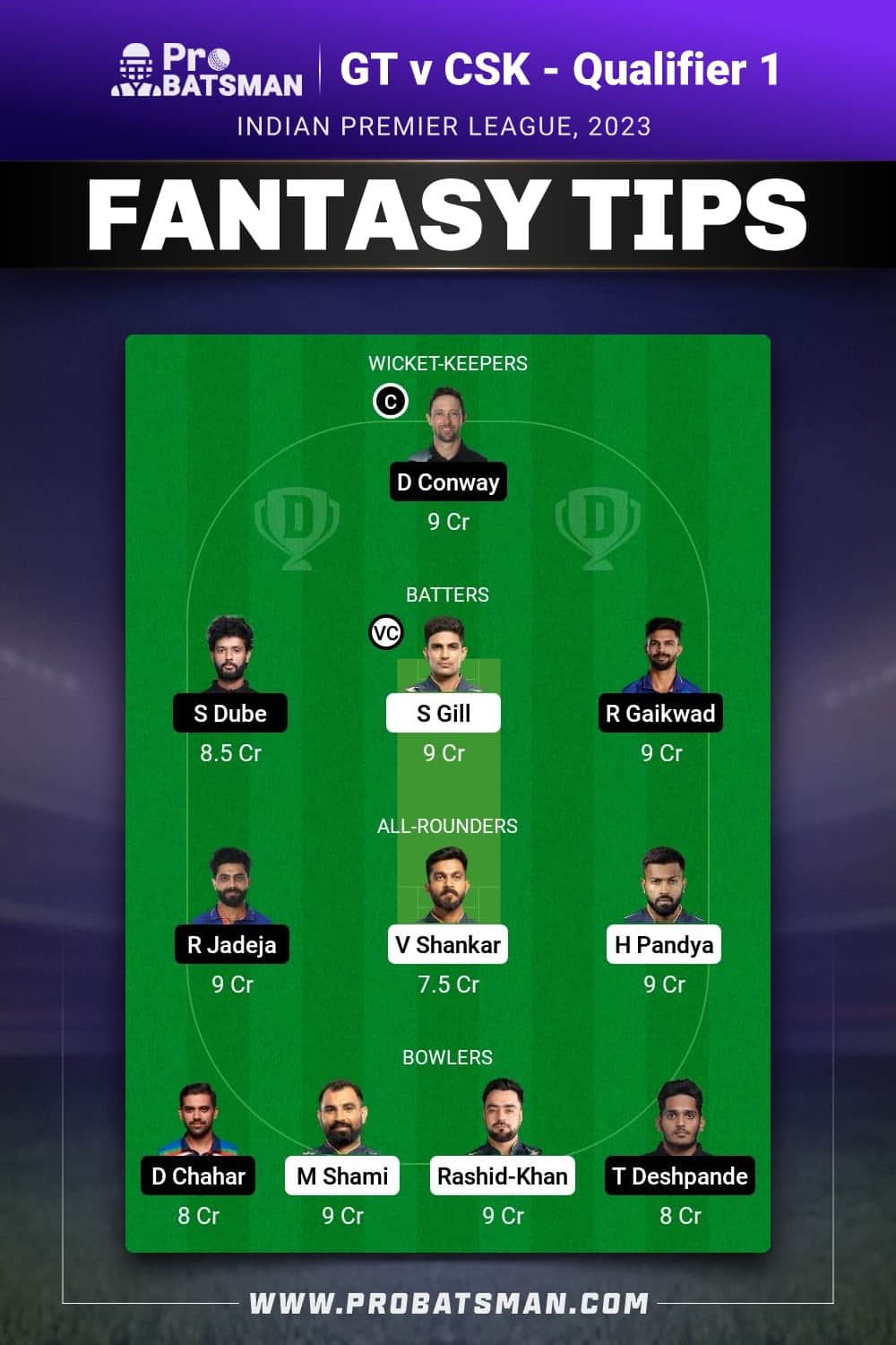 GT vs CSK Dream11 Prediction - Fantasy Team 1