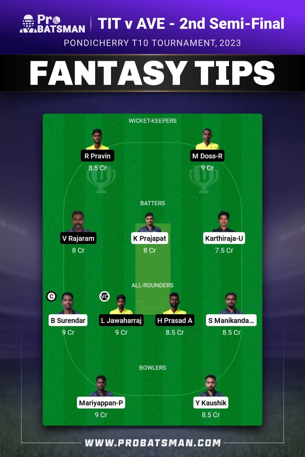 TIT vs AVE Dream11 Prediction - Fantasy Team 1