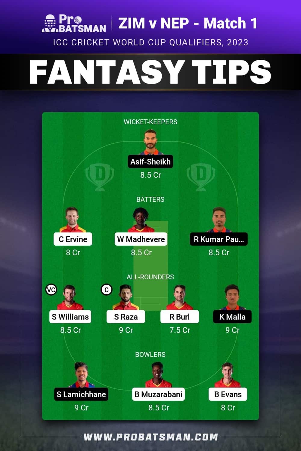 ZIM vs NEP Dream11 Prediction - Fantasy Team 1