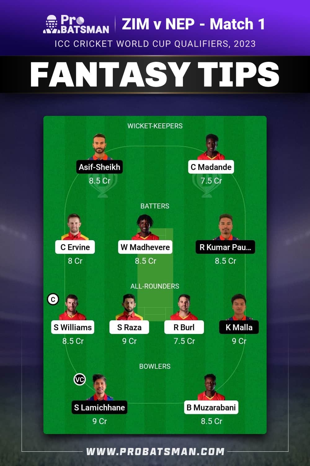 ZIM vs NEP Dream11 Prediction - Fantasy Team 2