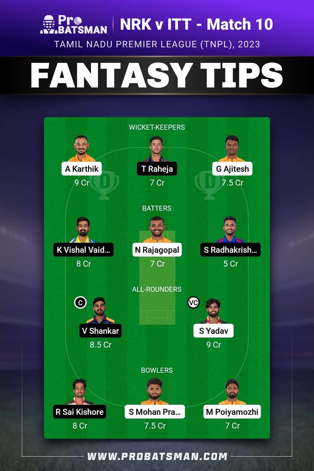 NRK vs ITT Dream11 Prediction - Fantasy Team 1 NRK vs ITT Dream11 Prediction - Fantasy Team 1