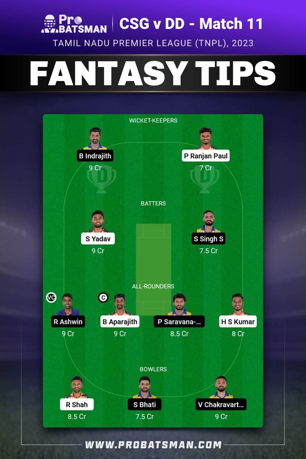 CSG vs DD Dream11 Prediction - Fantasy Team 1