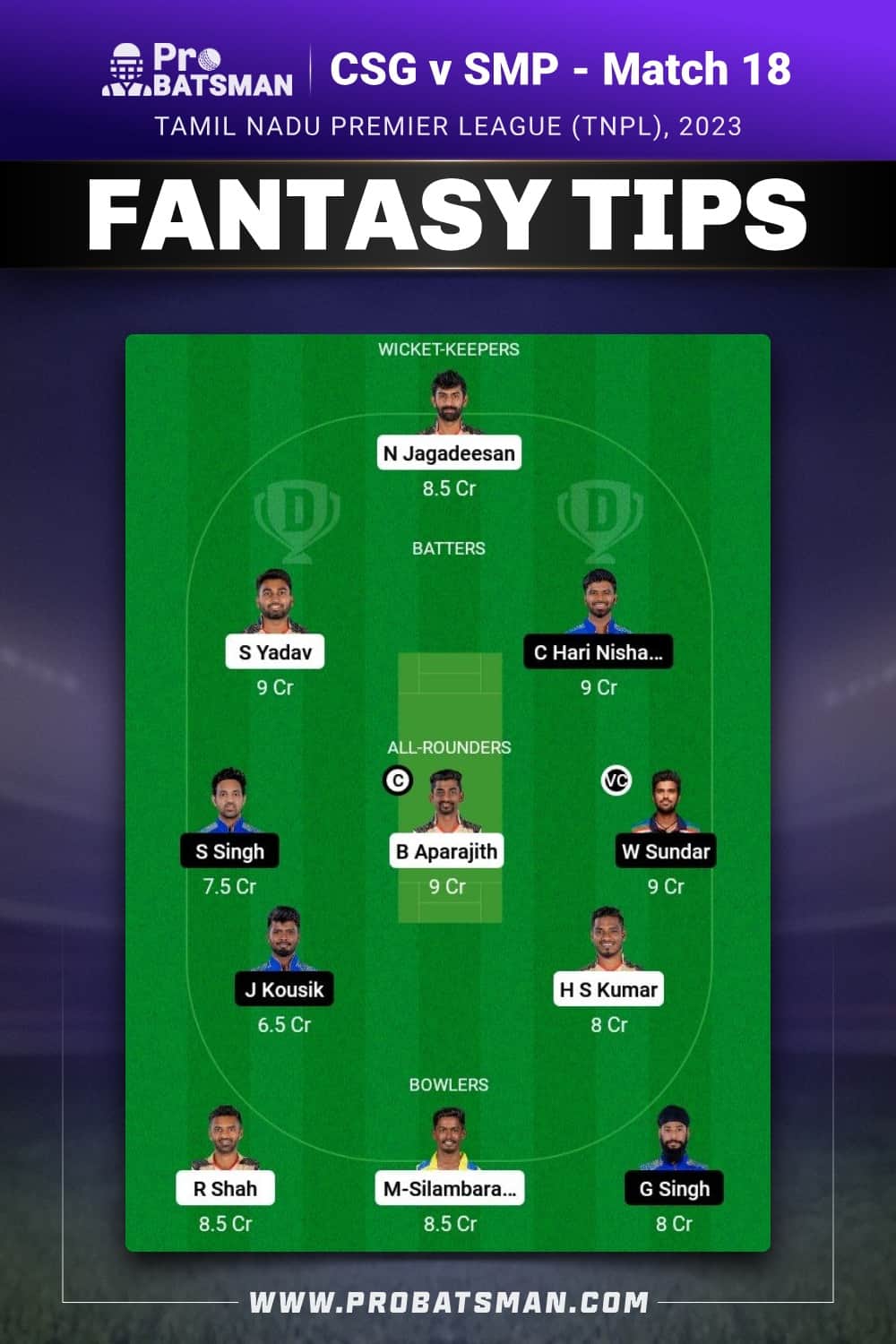 CSG vs SMP Dream11 Prediction - Fantasy Team 1