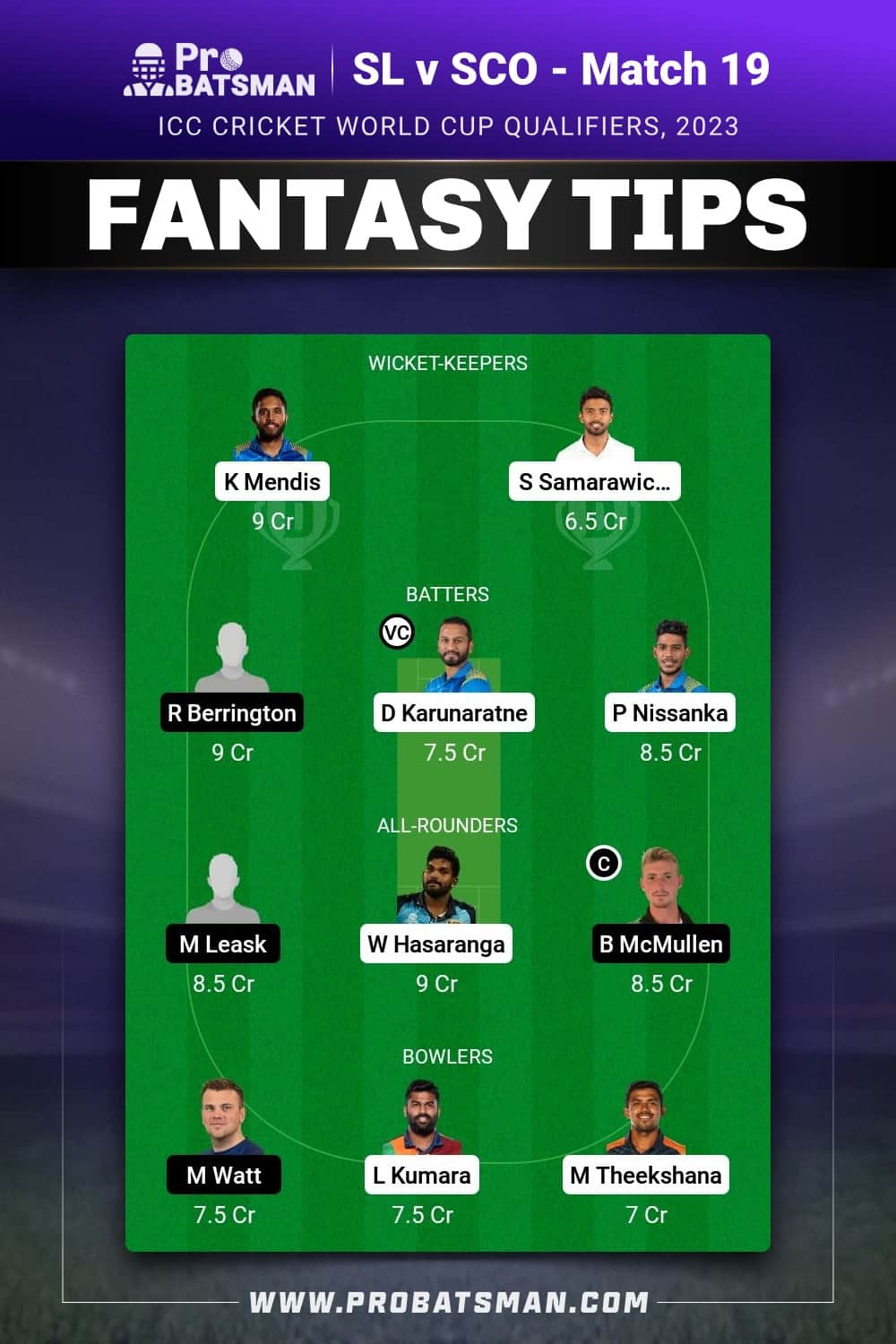 SL vs SCO Dream11 Prediction - Fantasy Team 2