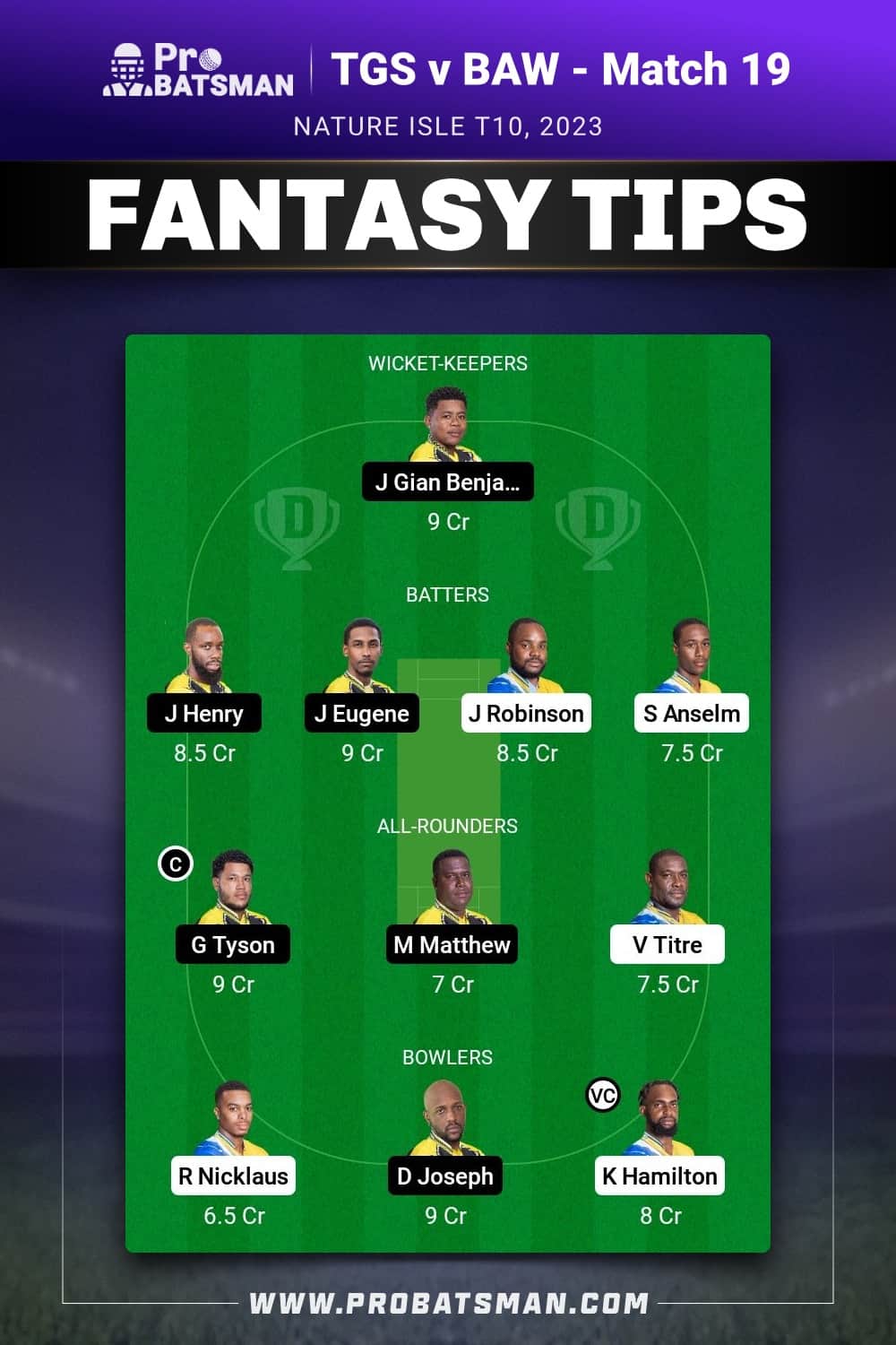 TGS vs BAW Dream11 Prediction - Fantasy Team 1