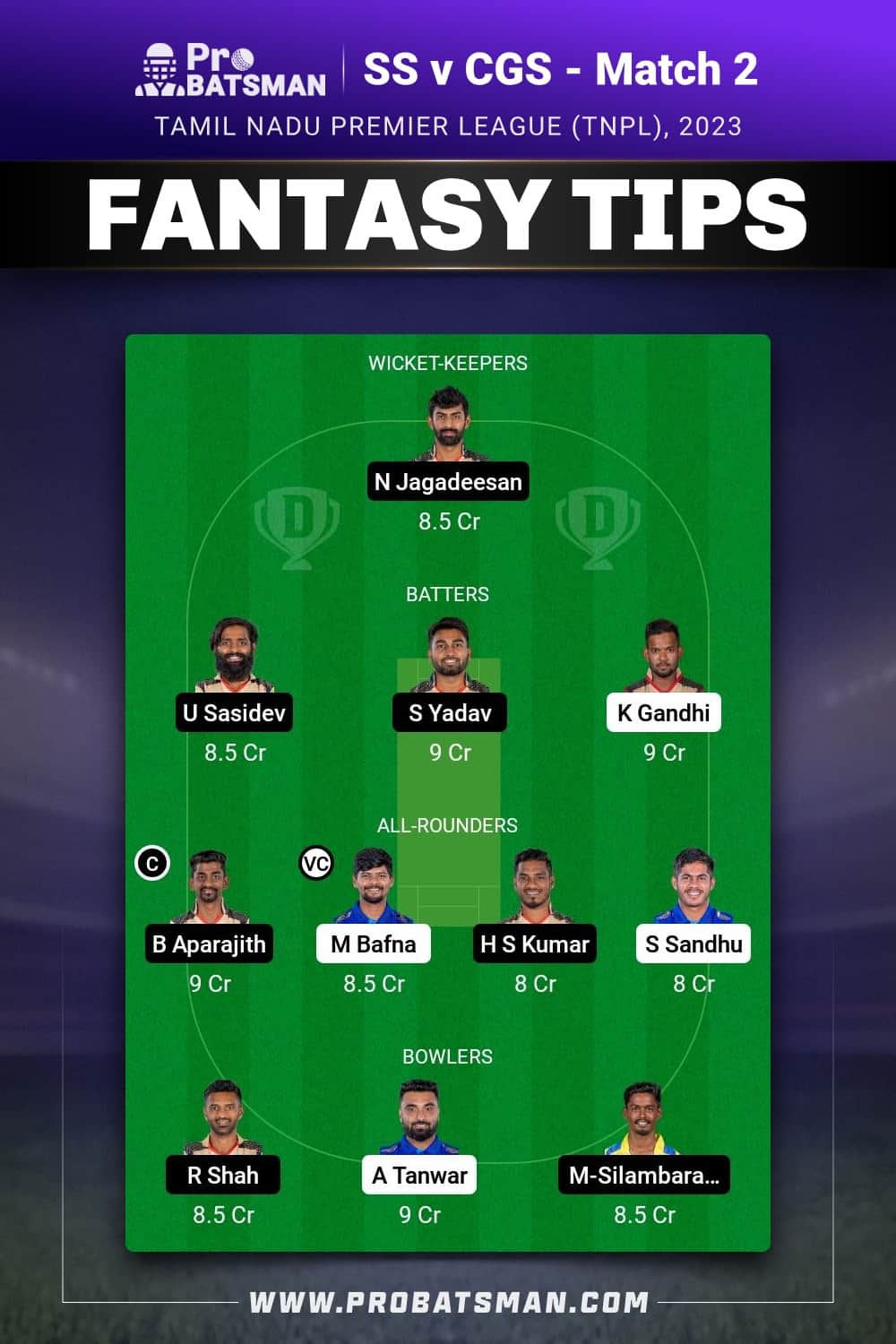 SS vs CSG Dream11 Prediction - Fantasy Team 1