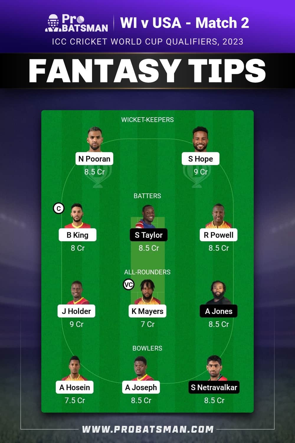 WI vs USA Dream11 Prediction - Fantasy Team 1