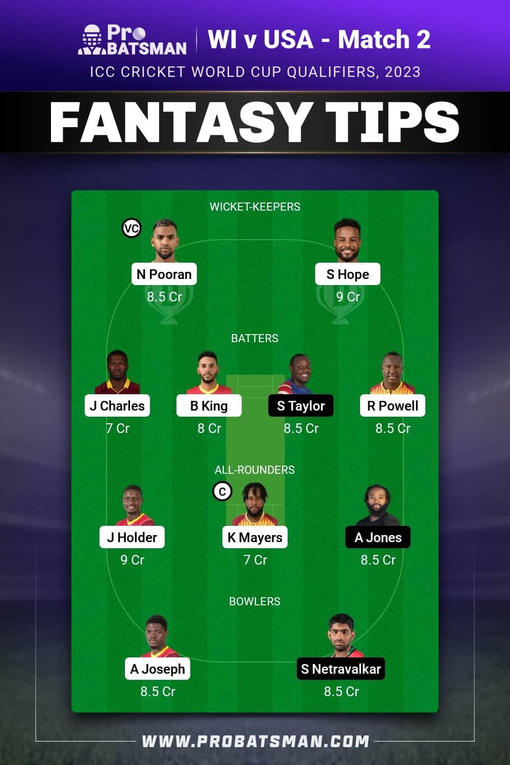 WI vs USA Dream11 Prediction - Fantasy Team 2