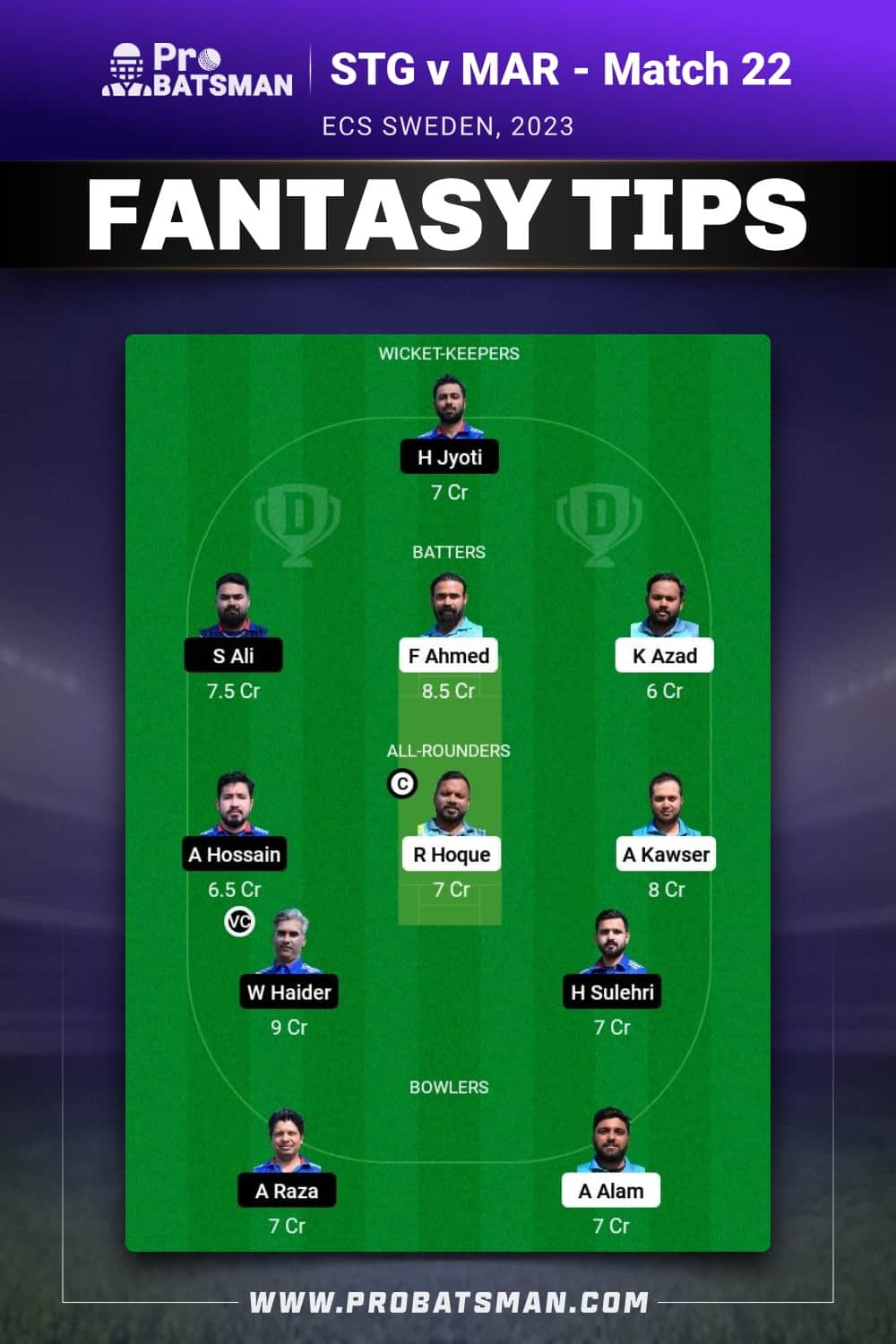 STG vs MAR Dream11 Prediction - Fantasy Team 1