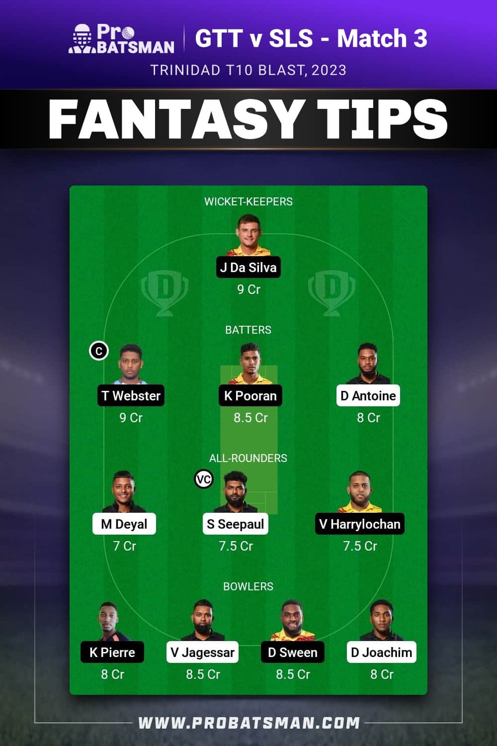 GTT vs SLS Dream11 Prediction - Fantasy Team 1 GTT vs SLS Dream11 Prediction - Fantasy Team 1
