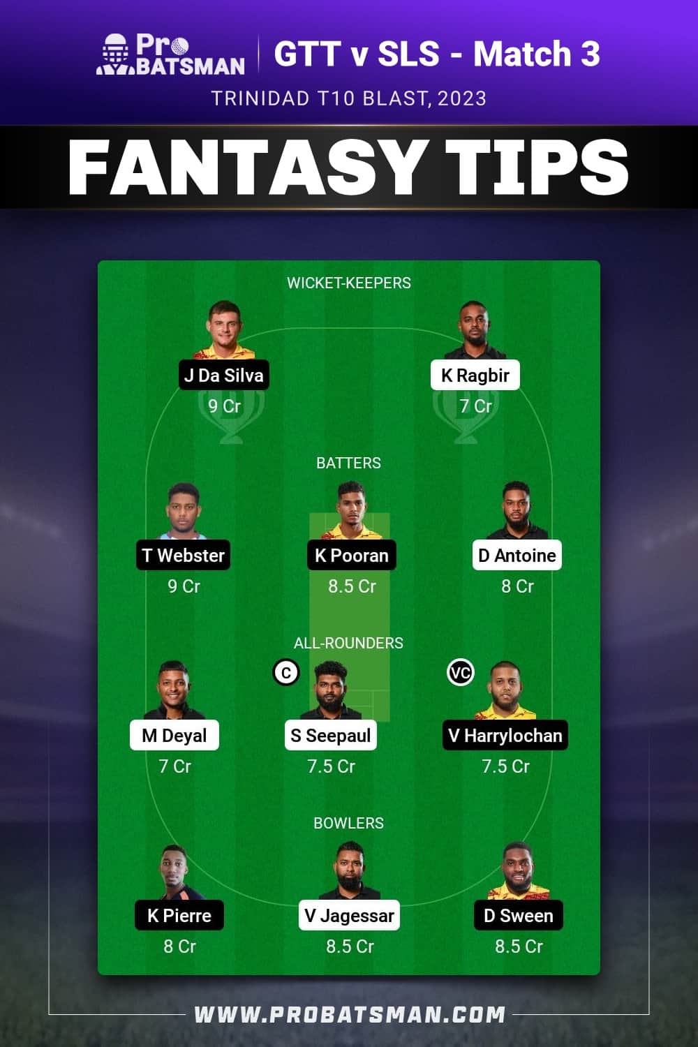 GTT vs SLS Dream11 Prediction - Fantasy Team 2