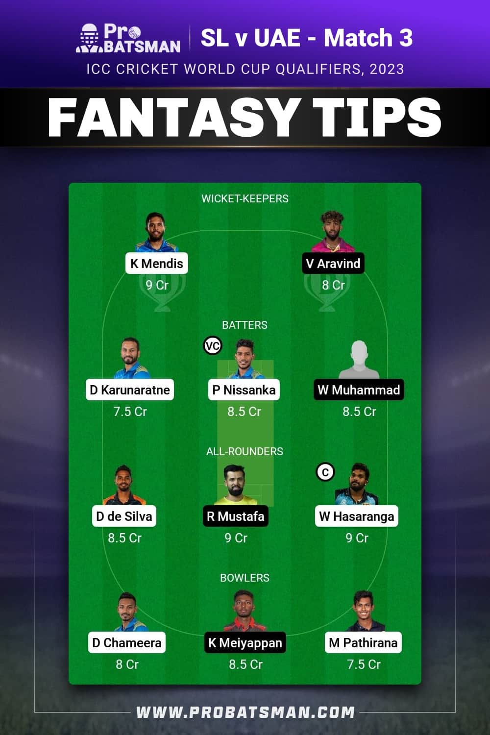 SL vs UAE Dream11 Prediction - Fantasy Team 1