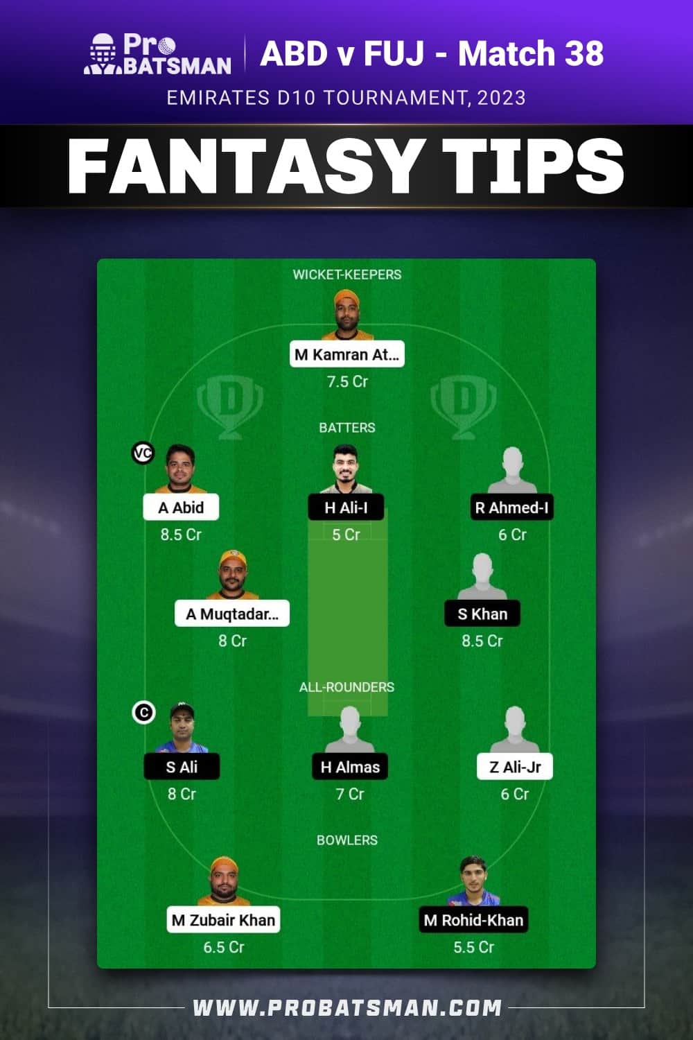 ABD v FUJ Dream11 Prediction - Fantasy Team 1 ABD v FUJ Dream11 Prediction - Fantasy Team 1