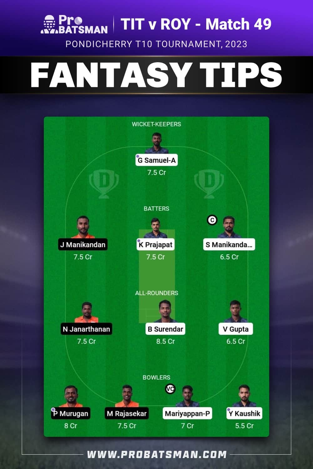 TIT vs ROY Dream11 Prediction - Fantasy Team 1