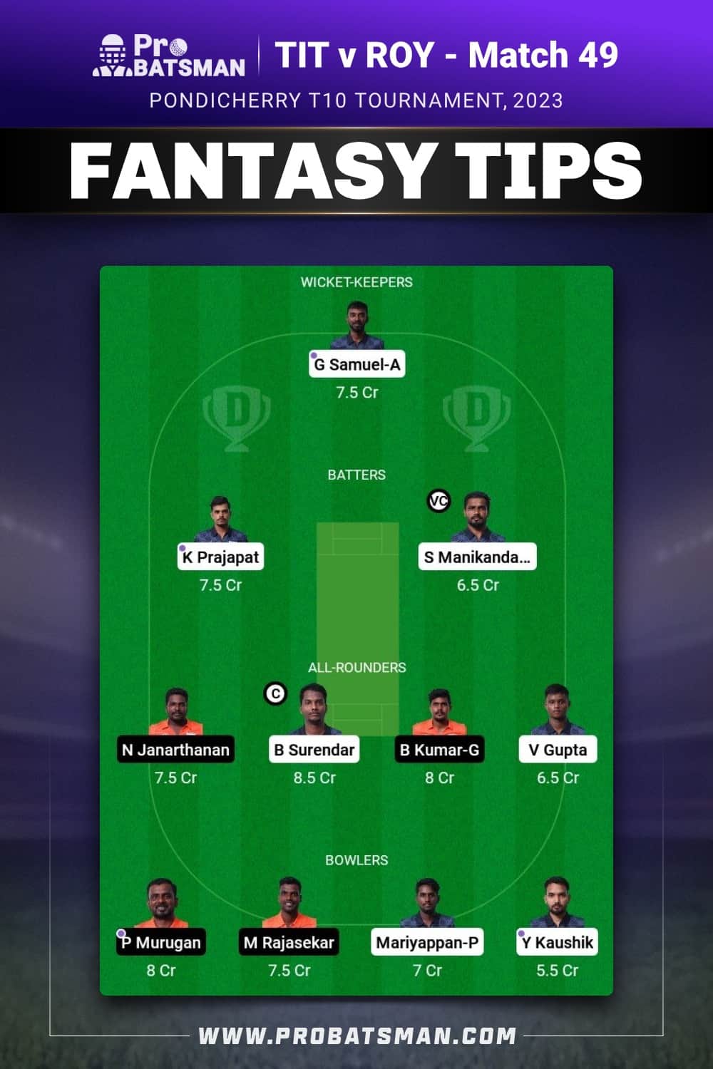 TIT vs ROY Dream11 Prediction - Fantasy Team 2