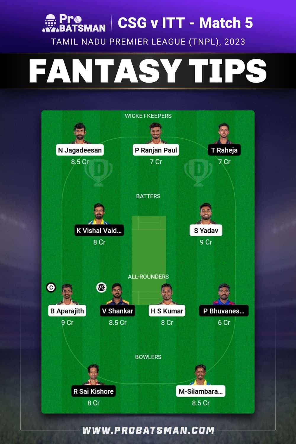 CSG vs ITT Dream11 Prediction - Fantasy Team 1