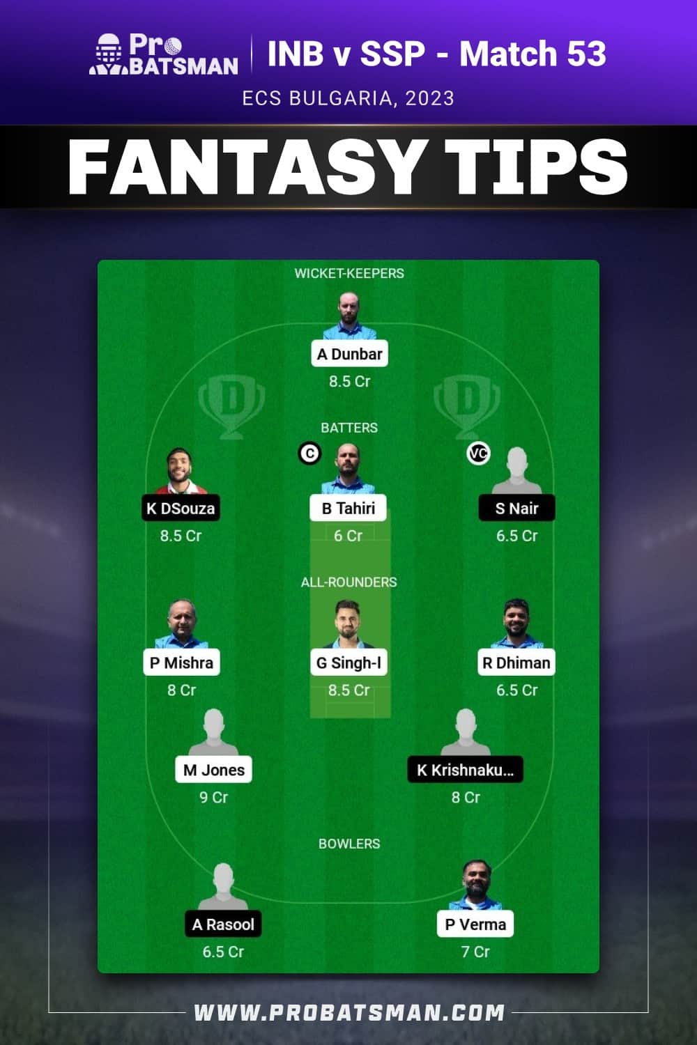 INB vs SSP Dream11 Prediction - Fantasy Team 1