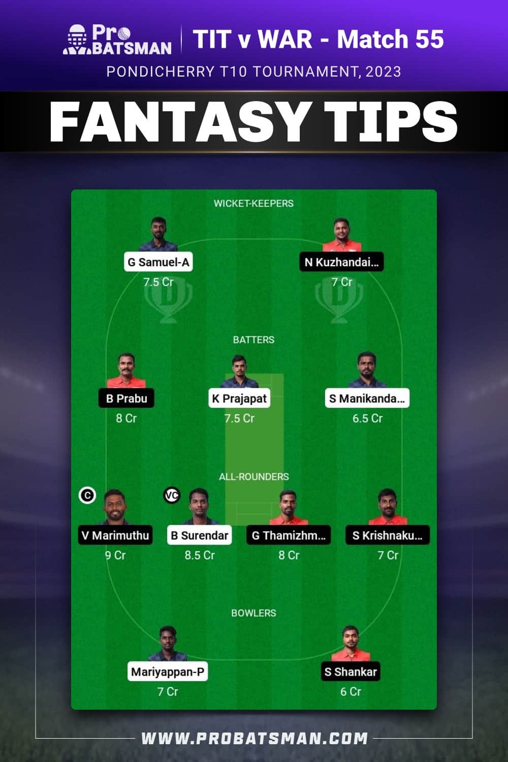 TIT vs WAR Dream11 Prediction - Fantasy Team 1