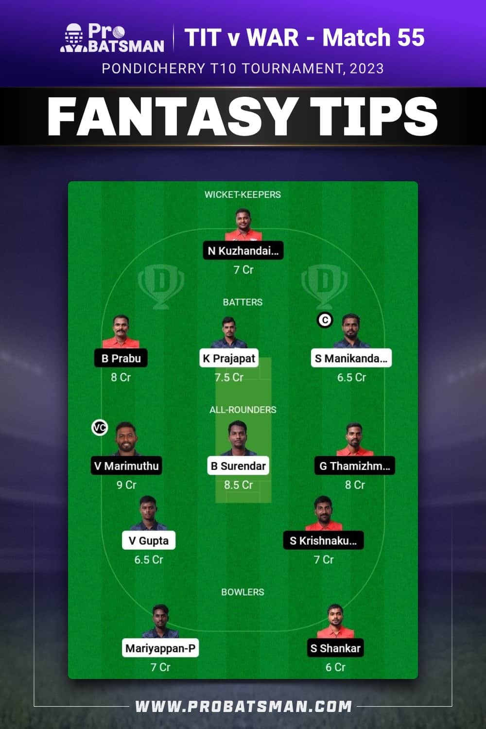 TIT vs WAR Dream11 Prediction - Fantasy Team 2